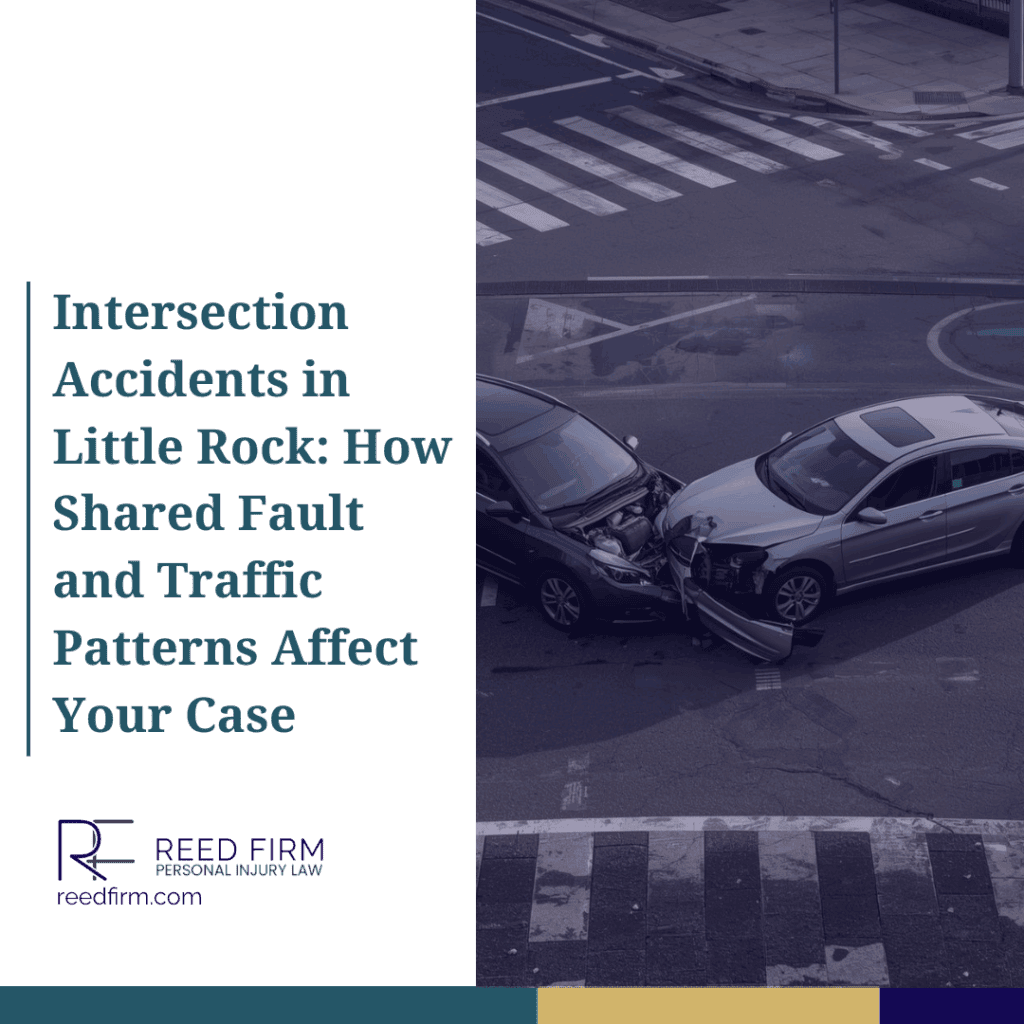 Two cars collided in the middle of a Little Rock intersection, illustrating how shared fault and complex traffic patterns can lead to serious Arkansas crash injuries.