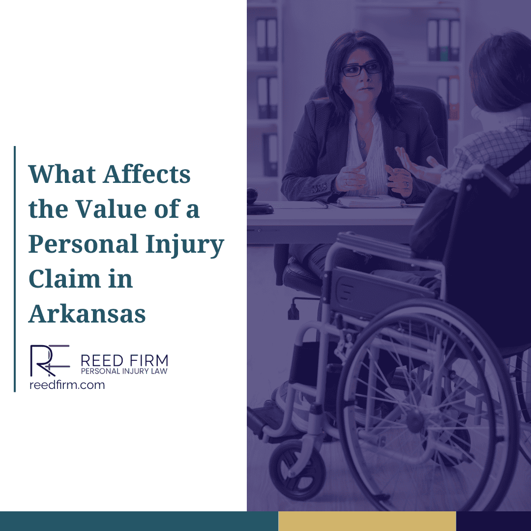 A woman in a neck brace and wheelchair discusses a legal matter with a personal injury attorney in an office setting, representing personal injury claim evaluations in Arkansas.
