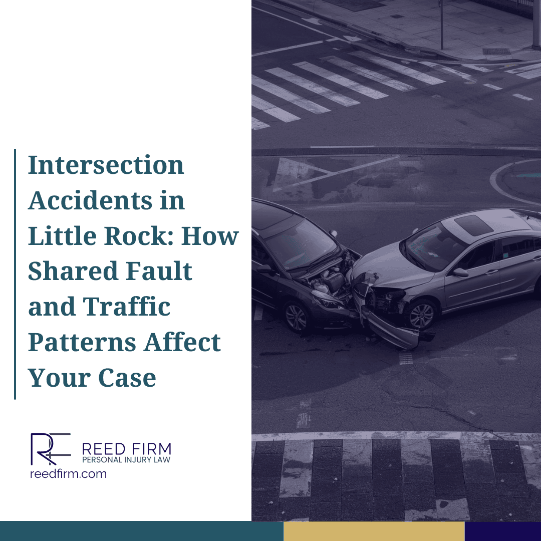 Two cars collided in the middle of a Little Rock intersection, illustrating how shared fault and complex traffic patterns can lead to serious Arkansas crash injuries.