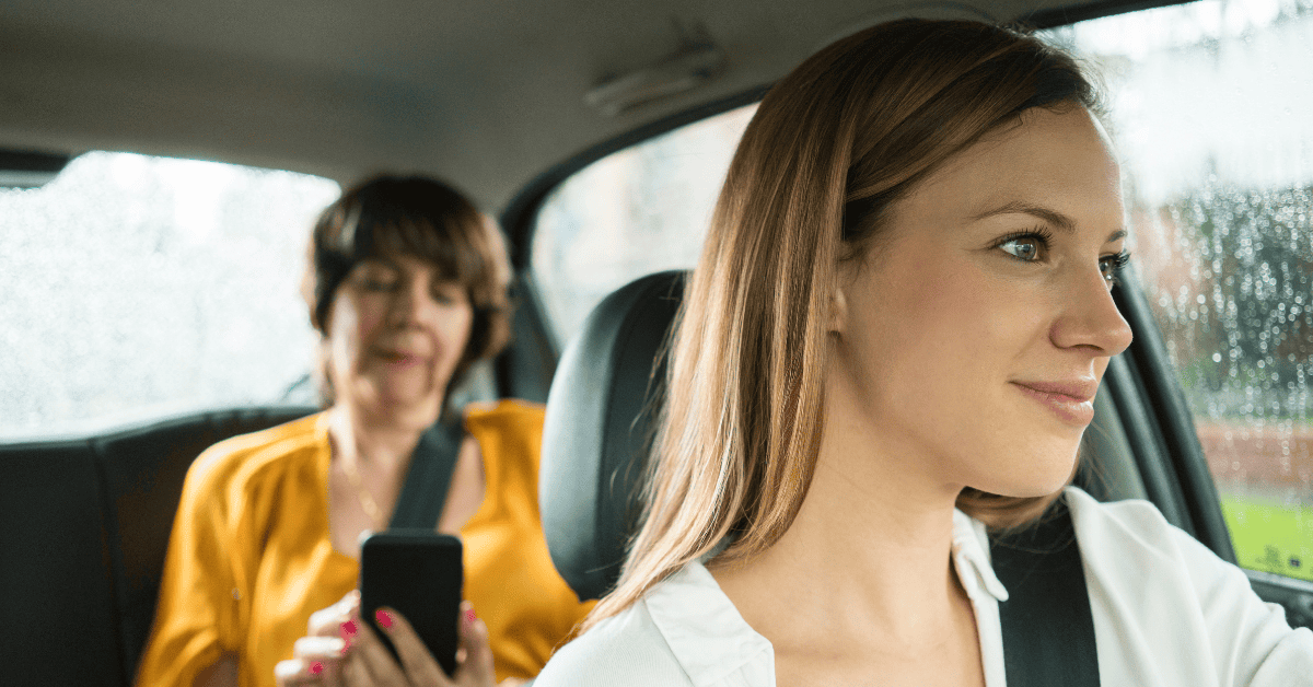 Woman taking a rideshare, not worried about an accident