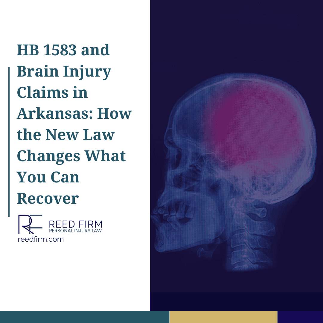 Illustration of brain injury showing red trauma area on skull X-ray, used to highlight changes in Arkansas HB 1583 affecting brain injury claims