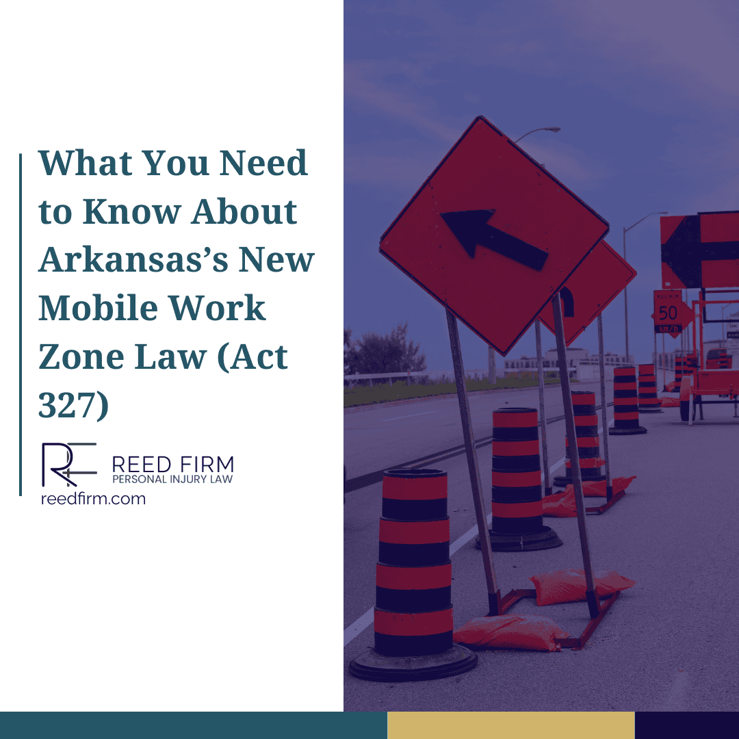 Road construction signs and safety cones indicating a mobile work zone in Arkansas, representing changes under Act 327