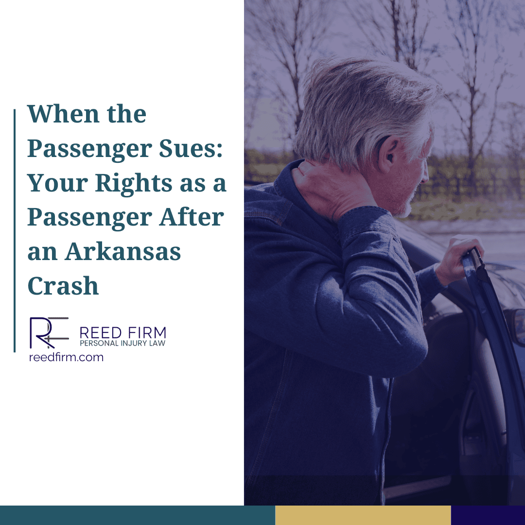 Man holding his neck in pain while exiting the passenger side of a car after a crash, representing injured passengers pursuing car accident claims in Arkansas.